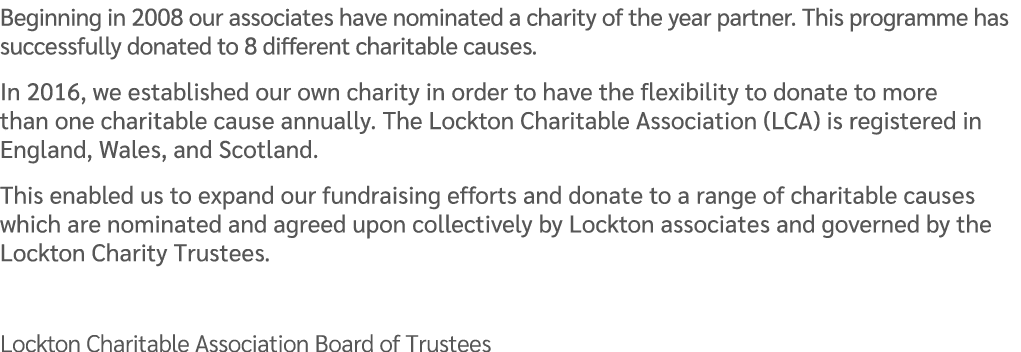 Beginning in 2008 our associates have nominated a charity of the year partner. This programme has successfully donate...