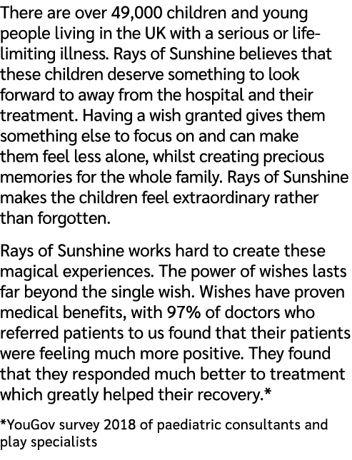 There are over 49,000 children and young people living in the UK with a serious or life limiting illness. Rays of Sun...