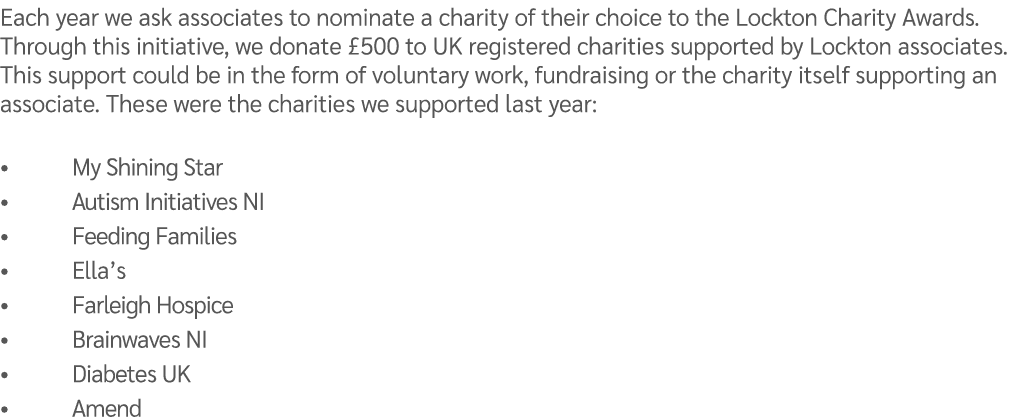 Each year we ask associates to nominate a charity of their choice to the Lockton Charity Awards. Through this initiat...