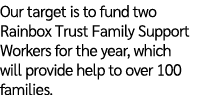 Our target is to fund two Rainbox Trust Family Support Workers for the year, which will provide help to over 100 fami...